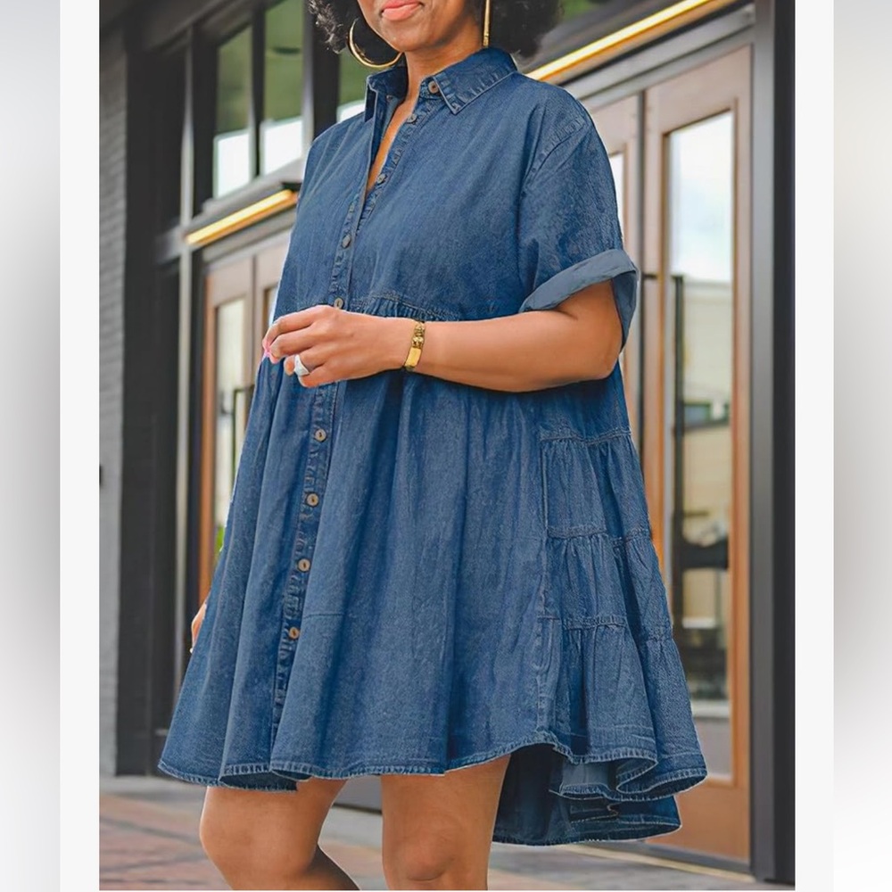 Denim Button-Front Short Sleeve Dress - Blue - Picture 3 of 4